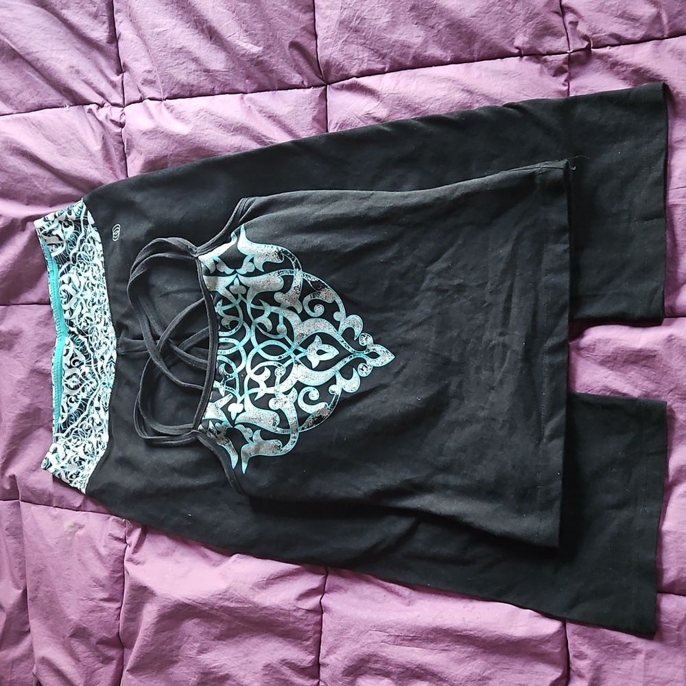 Marika Balance Black Crop Yoga Pants & Dbl Strap Cami Top w Teal / Silver Print